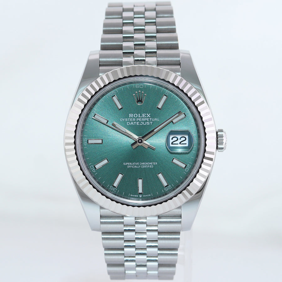 Aug 2025 NEW PAPERS Rolex DateJust 41 Mint Green Jubilee Fluted 126334 Watch Box