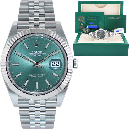 Aug 2025 NEW PAPERS Rolex DateJust 41 Mint Green Jubilee Fluted 126334 Watch Box
