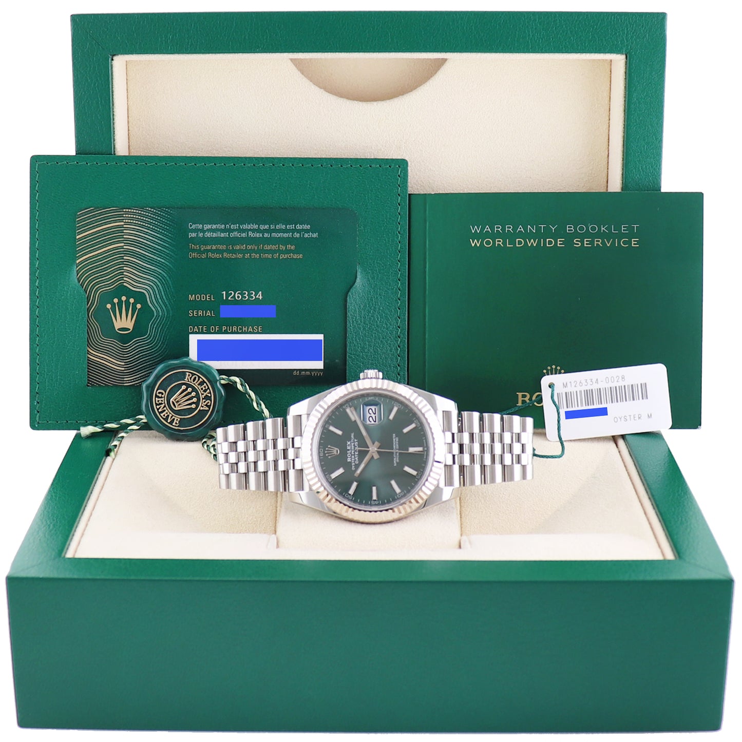 Aug 2025 NEW PAPERS Rolex DateJust 41 Mint Green Jubilee Fluted 126334 Watch Box