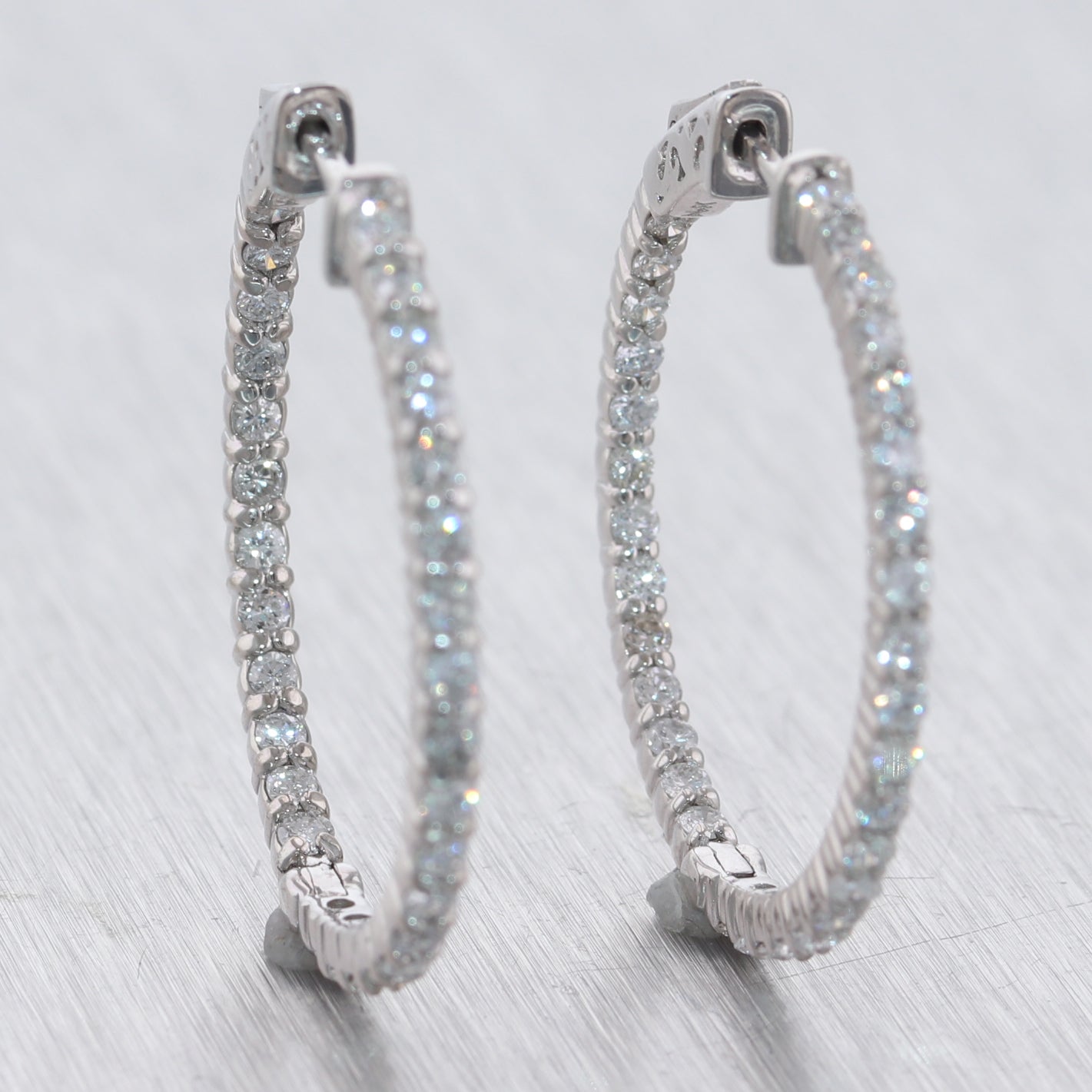 Modern 14k White Gold 2.03ctw Diamond In & Out Hoop Earrings