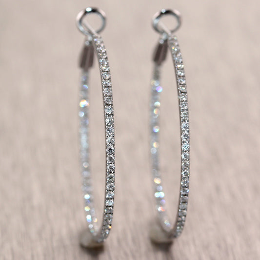 Modern 18k White Gold 1ctw Diamond In & Out Hoop Earrings