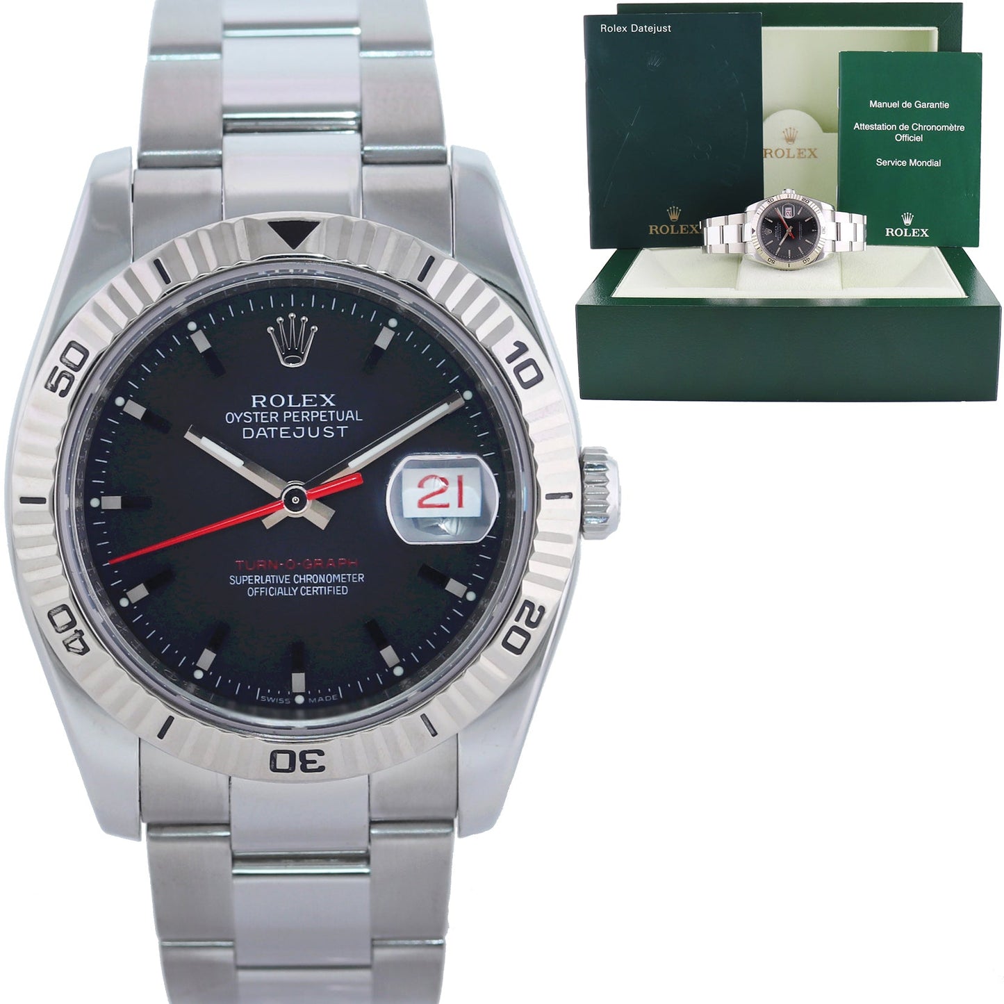 MINT Rolex DateJust Turn-O-Graph 116264 Steel Black White Gold Fluted Bezel Watch