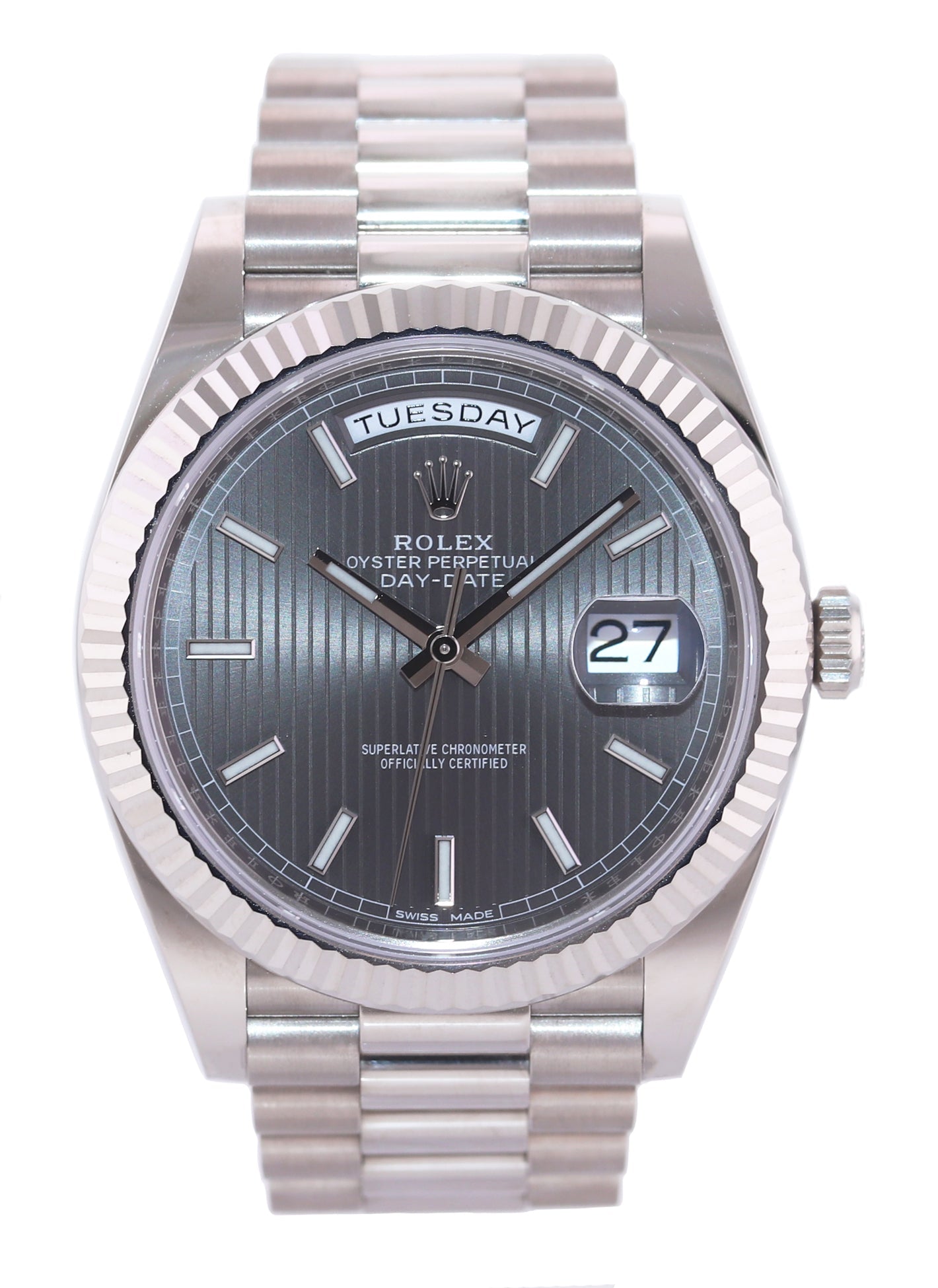 MINT 2019 PAPERS Rolex Day Date 40 White Gold President Grey Tapestry 228239 Watch