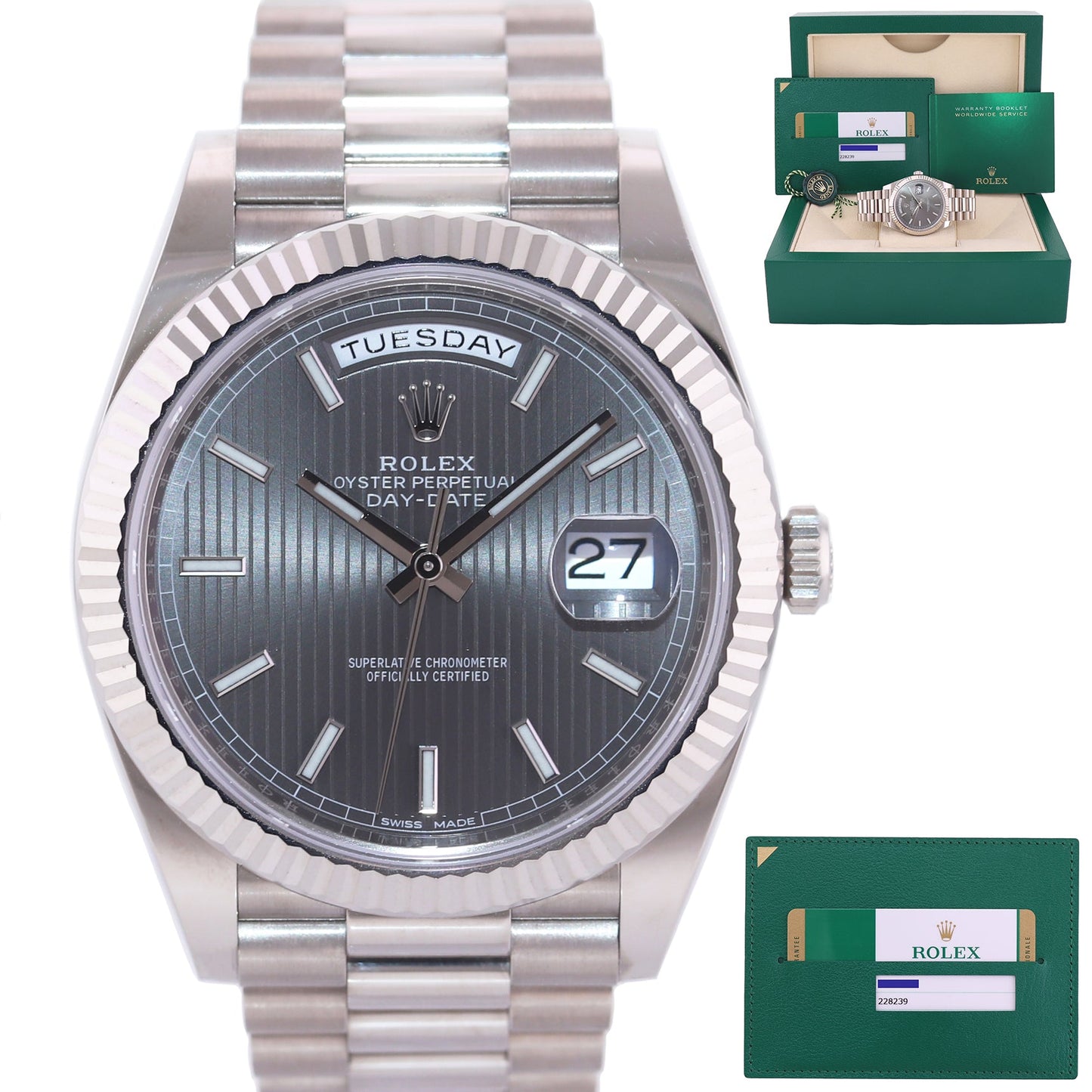 MINT 2019 PAPERS Rolex Day Date 40 White Gold President Grey Tapestry 228239 Watch