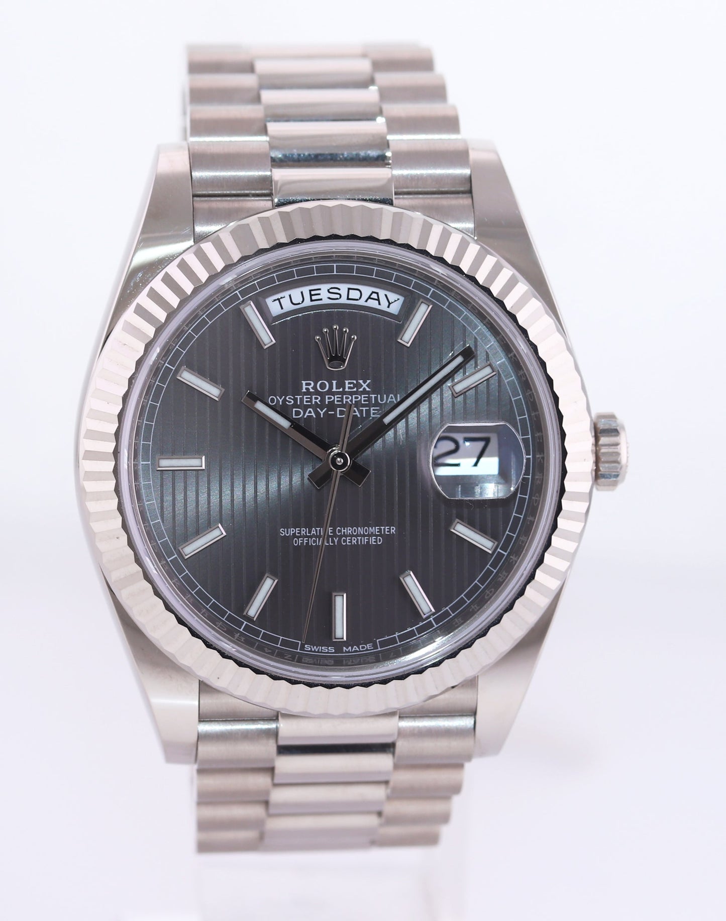 MINT 2019 PAPERS Rolex Day Date 40 White Gold President Grey Tapestry 228239 Watch