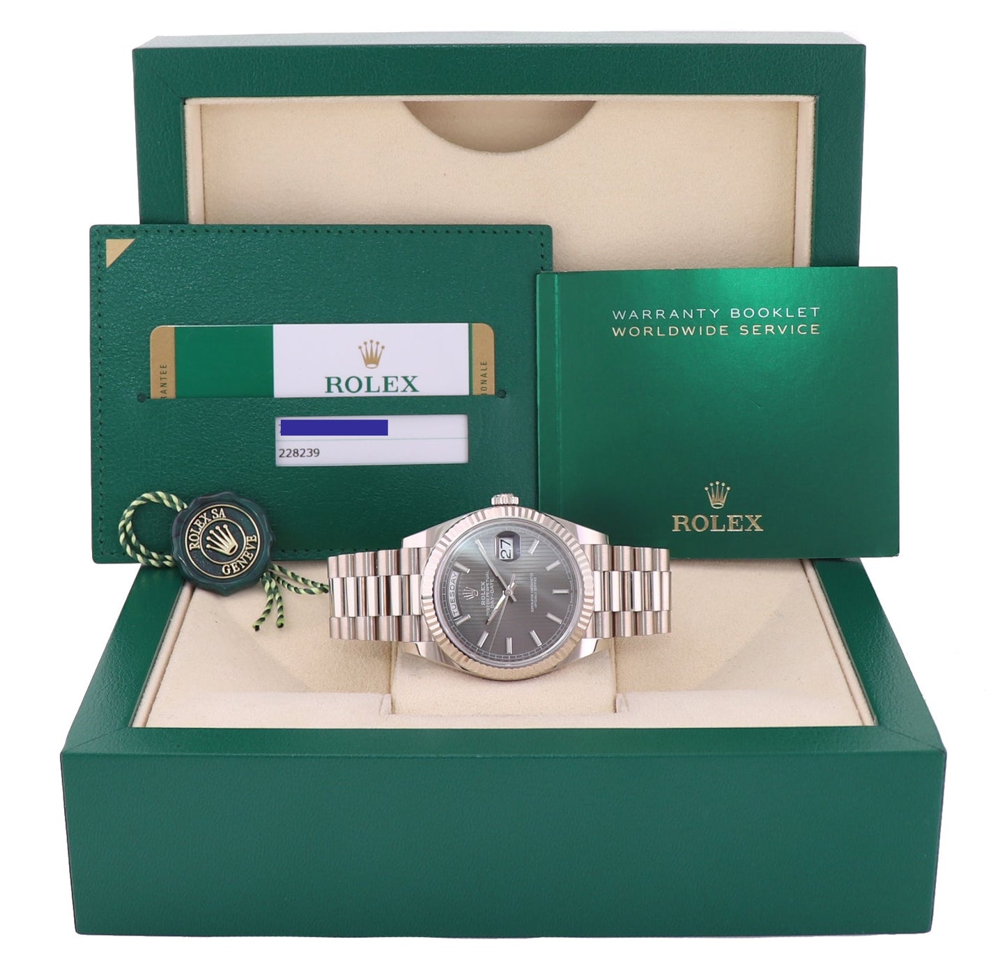 MINT 2019 PAPERS Rolex Day Date 40 White Gold President Grey Tapestry 228239 Watch