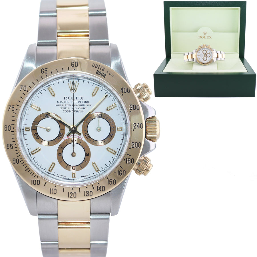 1999 Rolex Daytona 16523 Zenith Two Tone Steel Yellow Gold White Stick Dial Watch Box