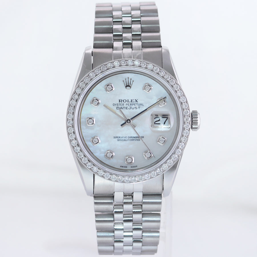 DIAMOND Bezel Rolex DateJust 36mm Mother of Pearl 16200 Steel Watch Box