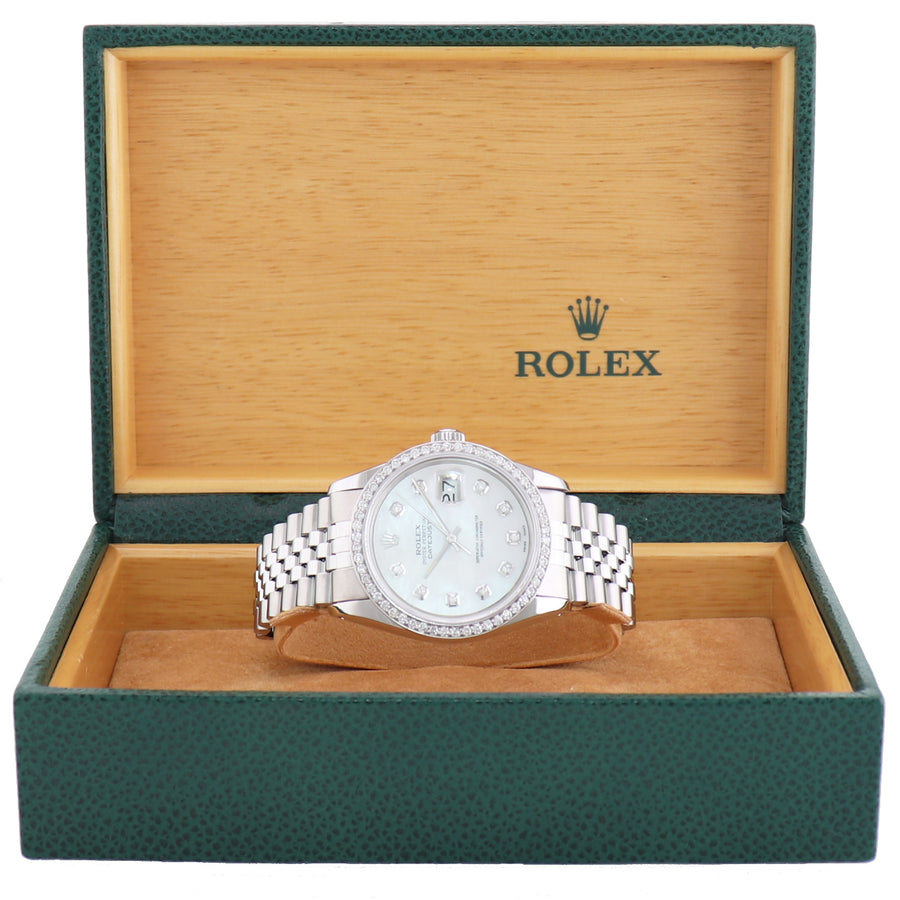 DIAMOND Bezel Rolex DateJust 36mm Mother of Pearl 16200 Steel Watch Box