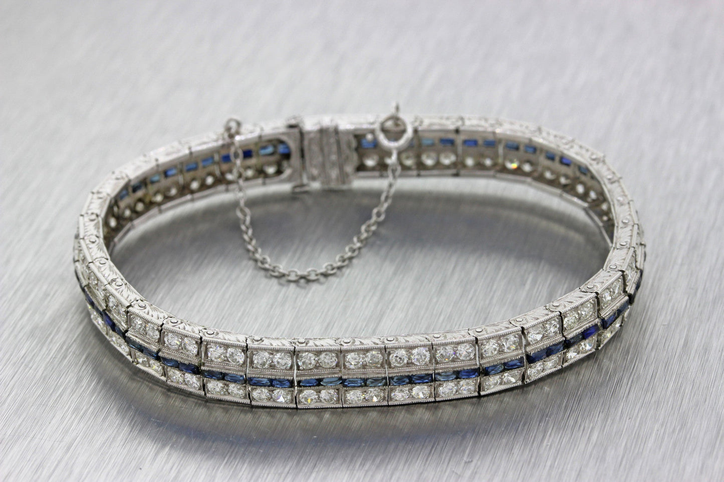 1930s Antique Art Deco Solid Platinum 5.76ctw Diamond Sapphire Tennis Bracelet