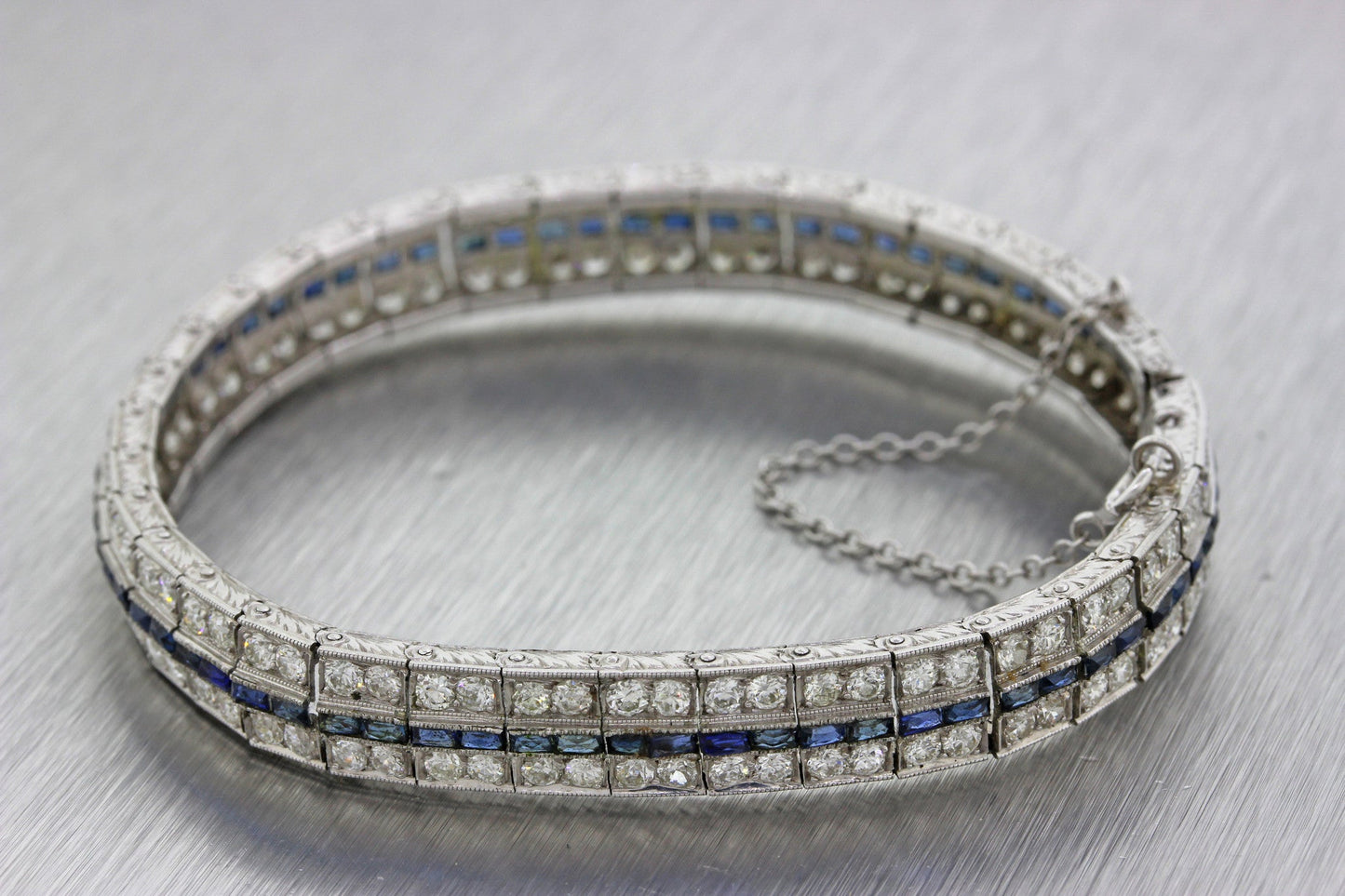 1930s Antique Art Deco Solid Platinum 5.76ctw Diamond Sapphire Tennis Bracelet