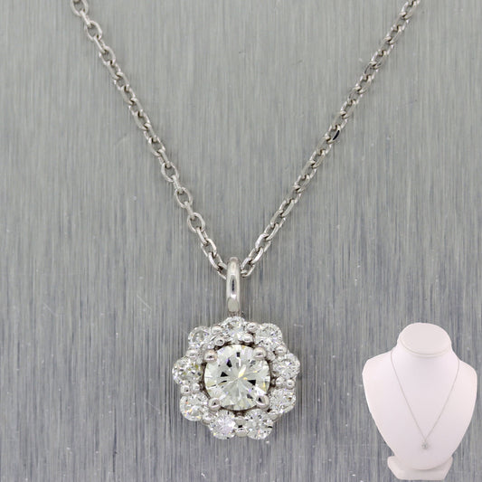 Modern 14k White Gold 0.95ctw Diamond Cluster Flower 18" Necklace