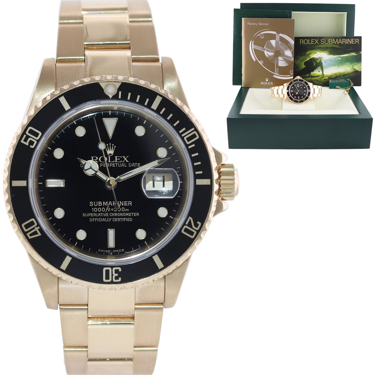 2002 MINT Rolex 16618LN Submariner 18K Yellow Gold Black Dial 40mm No Hole Case Watch Box