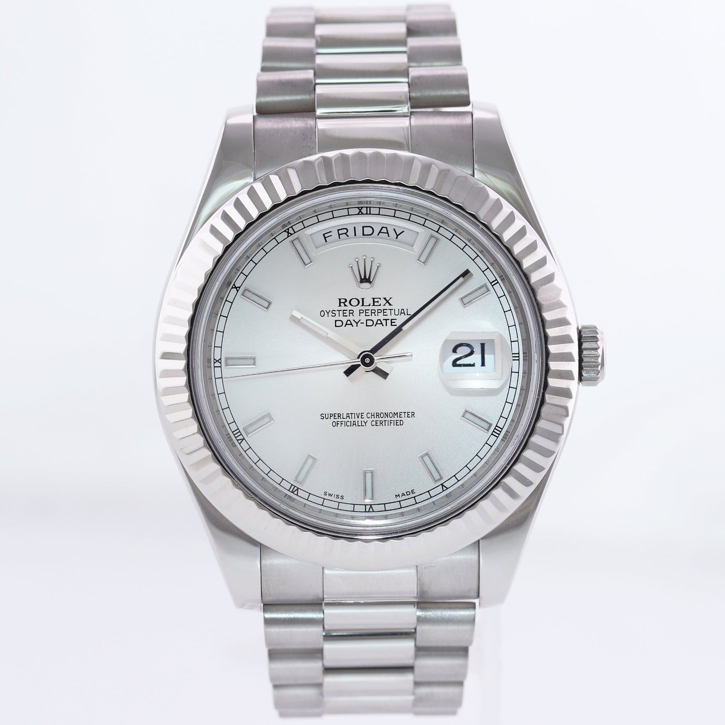 MINT Rolex Day Date II 2 White Gold 41mm President 218239 Silver Stick Dial Watch Box
