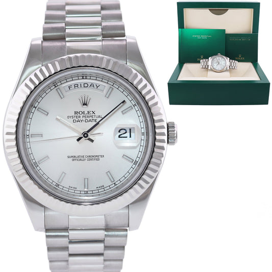 MINT Rolex Day Date II 2 White Gold 41mm President 218239 Silver Stick Dial Watch Box