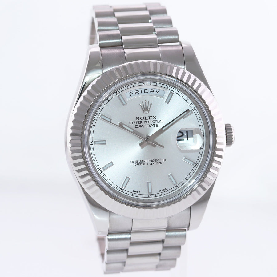 MINT Rolex Day Date II 2 White Gold 41mm President 218239 Silver Stick Dial Watch Box