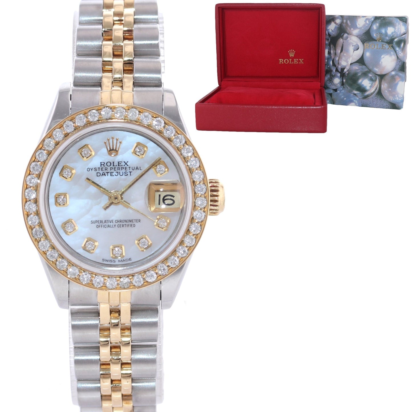 Diamond Mother of Pearl Ladies Rolex DateJust 26mm 69173 Two Tone Gold Steel Watch