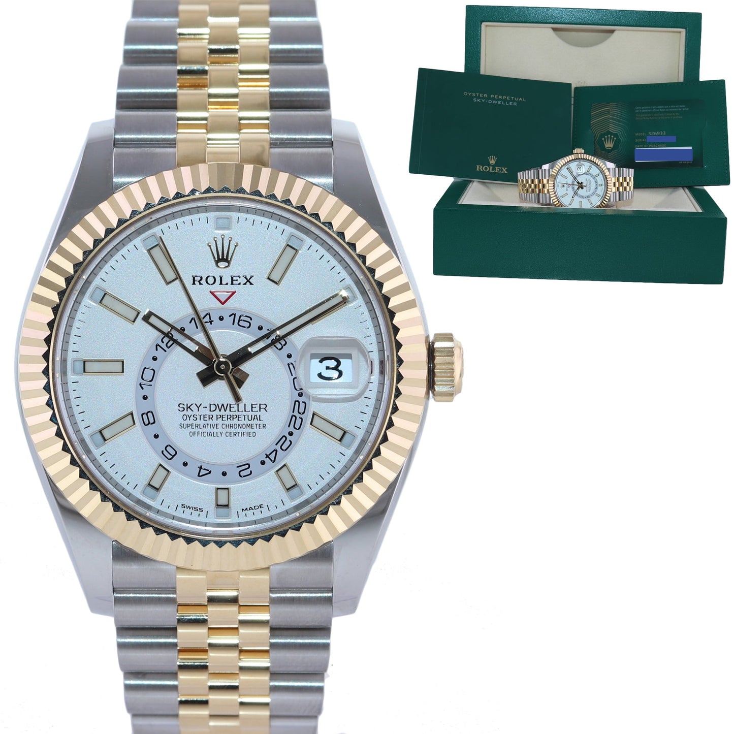 2021 NEW PAPERS Rolex 326933 Sky-Dweller 42mm White Dial Two Tone Steel Gold Jubilee Watch