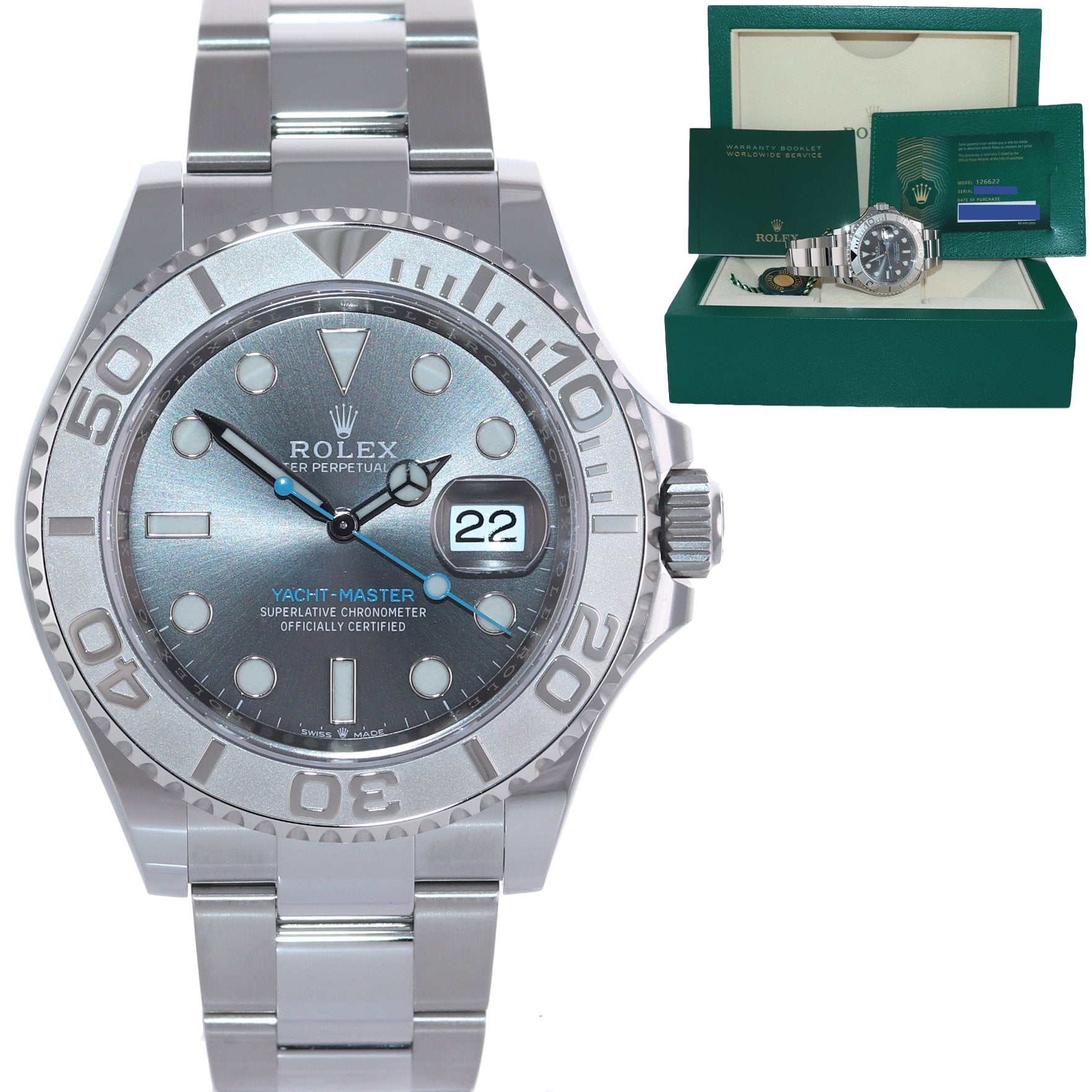 2023 NEW PAPERS Rolex 126622 Yacht-Master Steel Platinum Rhodium Blue Watch Box