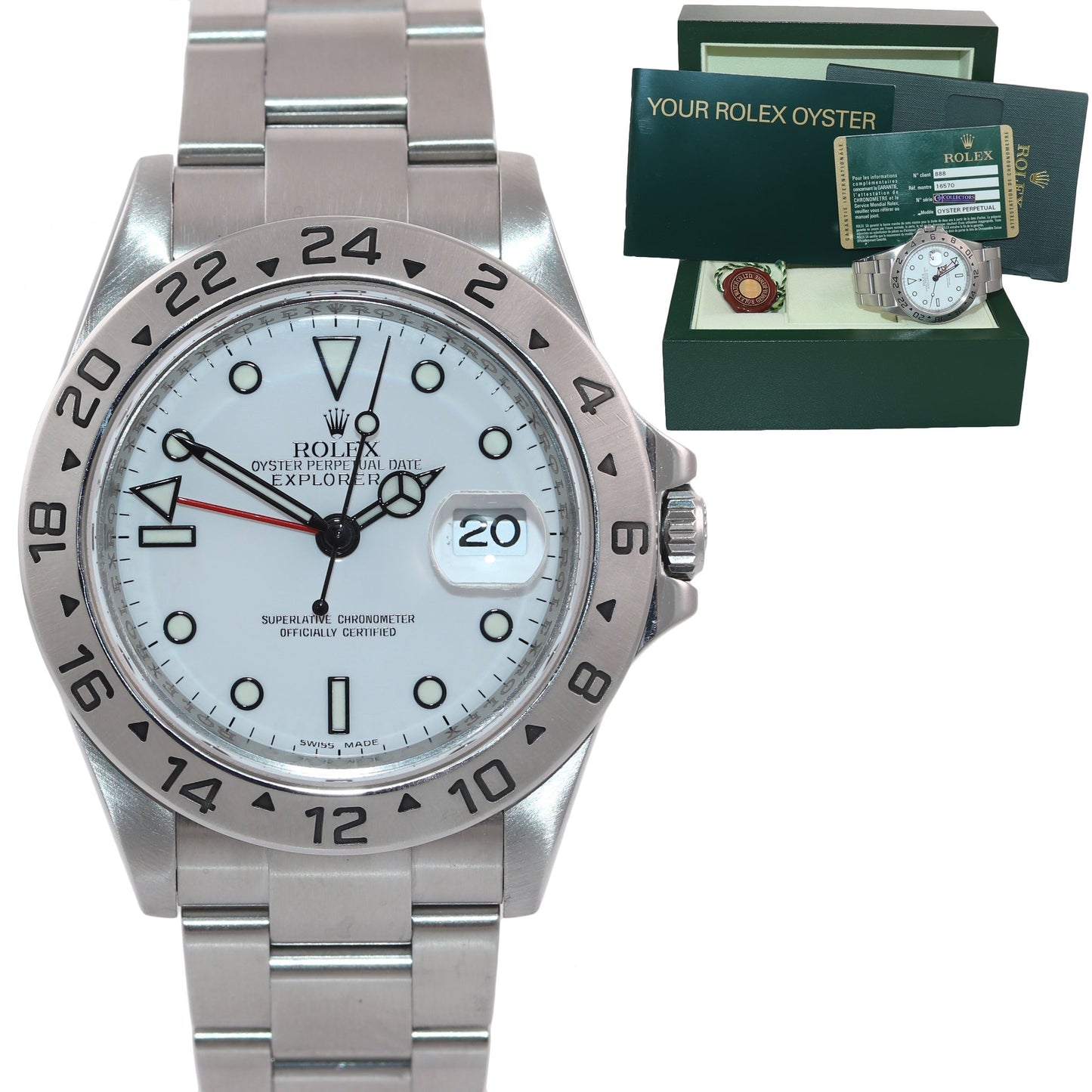 2010 PAPERS Rolex Explorer II 16570 Polar White Dial Steel 40mm 3186 Watch Box